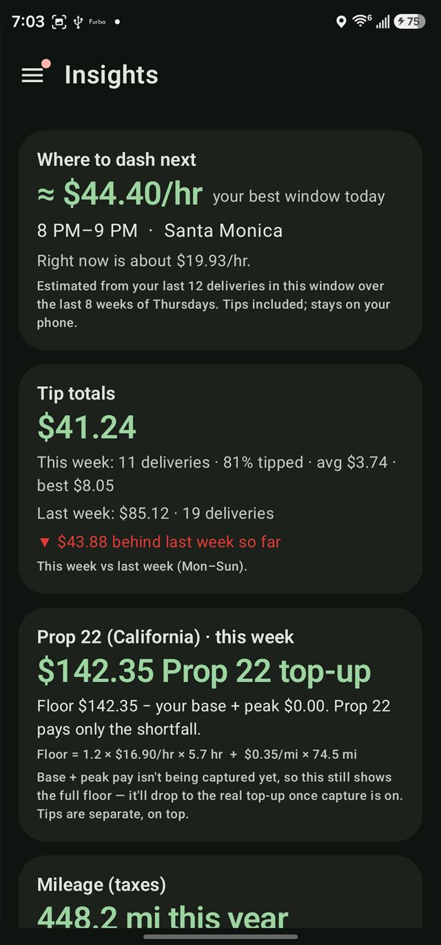 Insights overview with best window, tip totals and Prop 22